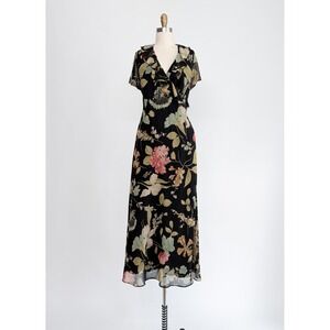 David Warren 90s black floral chiffon maxi dress gown size‎ L